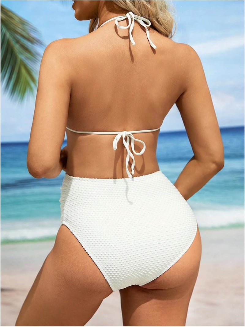 BEAUDRM Store Women's Maternity 3 Pieces Swimsuit Textured Ruffle Trim Halter Bikini Set with Beach Skirt - Image 2